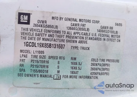 2005 Chevrolet Astro из США, поврежденный, VIN 1GCDL19X85B131607